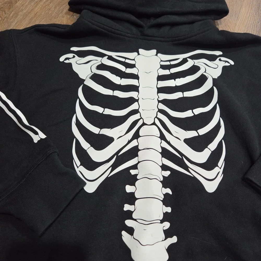Gap Kids Skeleton Hoodie Black White Rib Cage Graphic Pullover Sweatshirt M 8-9